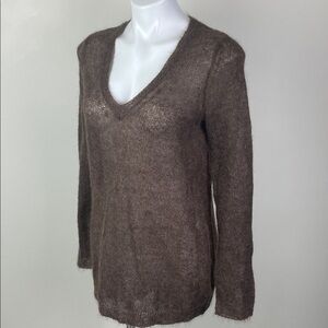 Super Fuzzy Sheer Mohair V-Neck Sweater Brown Distressed